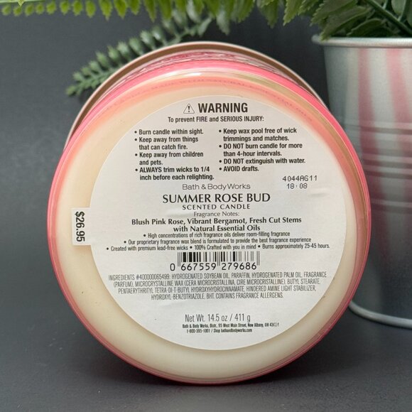 BBW Summer Rose Bud Bath & Body Works 3 Wick Candle - Picture 9 of 10